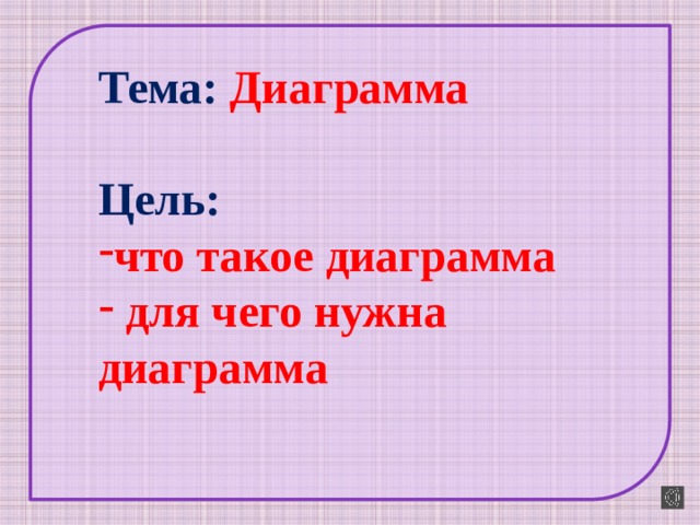 Тема: Диаграмма  Цель: что такое диаграмма  для чего нужна диаграмма 