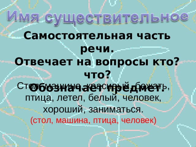 Самостоятельная часть речи. Отвечает на вопросы кто? что? Обозначает предмет. Стол, машина, красивый, бежать, птица, летел, белый, человек, хороший, заниматься. (стол, машина, птица, человек) 