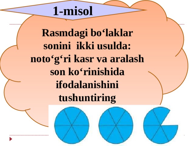 Rasmdagi bo‘laklar sonini ikki usulda: noto‘g‘ri kasr va aralash son ko‘rinishida ifodalanishini tushuntiring 1-misol 