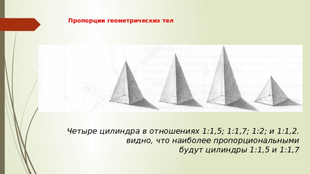 Пропорции геометрических тел   Четыре цилиндра в отношениях 1:1,5; 1:1,7; 1:2; и 1:1,2. видно, что наиболее пропорциональными будут цилиндры 1:1,5 и 1:1,7 