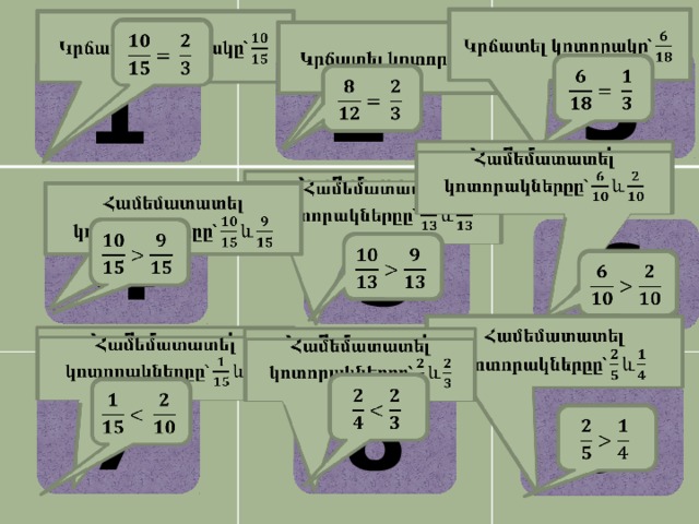Կրճատել կոտորակը՝     Կրճատել կոտորակը՝   Կրճատել կոտորակը՝   3 2 1       Համեմատատել կոտորակներըը՝    Համեմատատել կոտորակներըը՝  Համեմատատել կոտորակներըը՝   4 5   6     Համեմատատել կոտորակներըը՝     Համեմատատել կոտորակներըը՝  Համեմատատել կոտորակներըը՝    7 8   9     