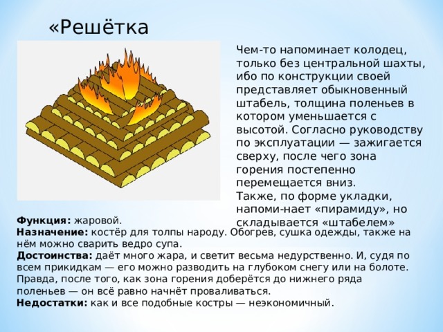 «Решётка» Чем-то напоминает колодец, только без центральной шахты, ибо по конструкции своей представляет обыкновенный штабель, толщина поленьев в котором уменьшается с высотой. Согласно руководству по эксплуатации — зажигается сверху, после чего зона горения постепенно перемещается вниз. Также, по форме укладки, напоми-нает «пирамиду», но складывается «штабелем» Функция:  жаровой. Назначение:  костёр для толпы народу. Обогрев, сушка одежды, также на нём можно сварить ведро супа. Достоинства:  даёт много жара, и светит весьма недурственно. И, судя по всем прикидкам — его можно разводить на глубоком снегу или на болоте. Правда, после того, как зона горения доберётся до нижнего ряда поленьев — он всё равно начнёт проваливаться. Недостатки:  как и все подобные костры — неэкономичный. 