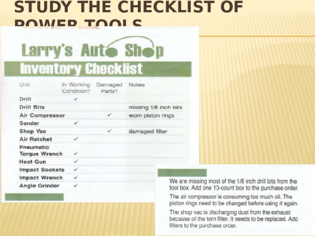 Study the checklist of power tools 