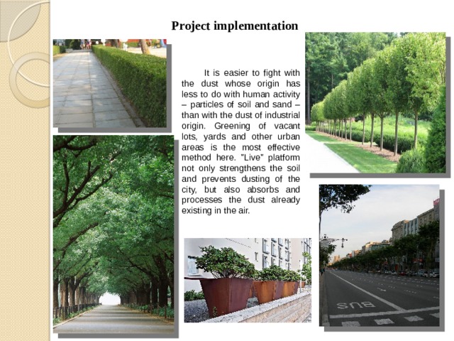 Project implementation It is easier to fight with the dust whose origin has less to do with human activity – particles of soil and sand –than with the dust of industrial origin. Greening of vacant lots, yards and other urban areas is the most effective method here. 