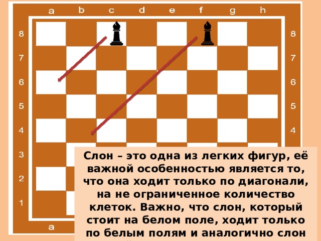 Слон – это одна из легких фигур, её важной особенностью является то, что она ходит только по диагонали, на не ограниченное количество клеток. Важно, что слон, который стоит на белом поле, ходит только по белым полям и аналогично слон который стоит на черном поле ходит только по черным полям. 