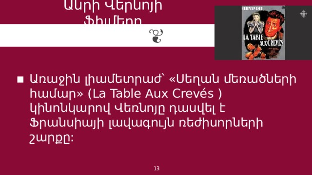 Անրի Վերնոյի ֆիլմերը Առաջին լիամետրաժ՝ «Սեղան մեռածների համար» (La Table Aux Crevés ) կինոնկարով Վեռնոյը դասվել է Ֆրանսիայի լավագույն ռեժիսորների շարքը: 1 