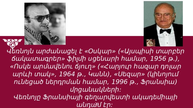 Վեռնոյն արժանացել է «Օսկար» («Այսպիսի տարբեր ճակատագրեր» ֆիլմի սցենարի համար, 1956 թ.), «Ոսկե արմավենու ճյուղ» («Հարյուր հազար դոլար արևի տակ», 1964 թ., Կանն), «Սեզար» (կինոյում ունեցած ներդրման համար, 1996 թ., Ֆրանսիա) մրցանակների: Վեռնոյը Ֆրանսիայի գեղարվեստի ակադեմիայի անդամ էր:  1 