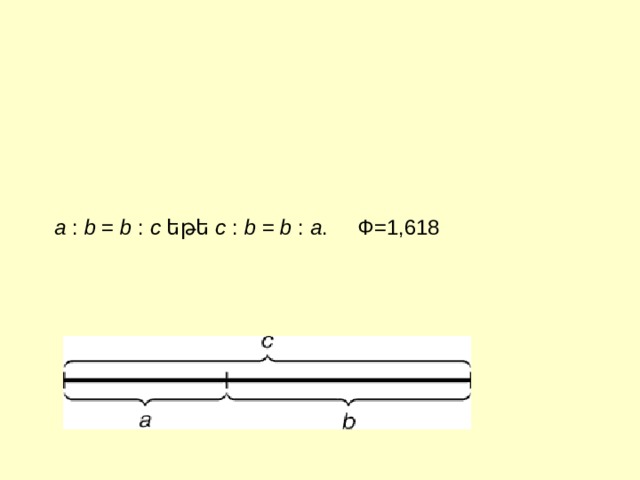 a : b = b : c եթե  с : b = b : а . Ф= 1, 618 