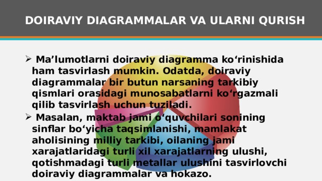 DOIRAVIY DIAGRAMMALAR VA ULARNI QURISH  Ma’lumotlarni doiraviy diagramma ko‘rinishida ham tasvirlash mumkin. Odatda, doiraviy diagrammalar bir butun narsaning tarkibiy qismlari orasidagi munosabatlarni ko‘rgazmali qilib tasvirlash uchun tuziladi.  Masalan, maktab jami o‘quvchilari sonining sinflar bo‘yicha taqsimlanishi, mamlakat aholisining milliy tarkibi, oilaning jami xarajatlaridagi turli xil xarajatlarning ulushi, qotishmadagi turli metallar ulushini tasvirlovchi doiraviy diagrammalar va hokazo. 1 