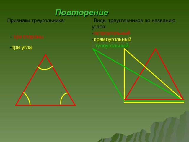 Повторение  Виды треугольников по названию углов: - остроугольный  - прямоугольный - тупоугольный. Признаки треугольника: - три стороны - три угла 