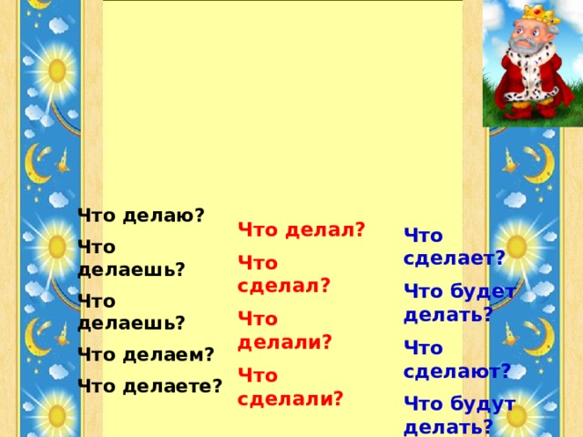 Что делаю? Что делаешь? Что делаешь? Что делаем? Что делаете?  Что делал? Что сделал? Что делали? Что сделали?  Что сделает? Что будет делать? Что сделают? Что будут делать?   