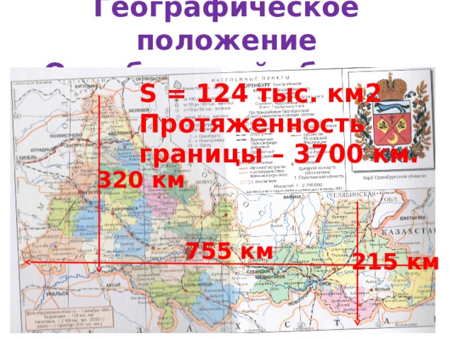 Географическое положение Оренбургской области S = 124 тыс. км2 Протяженность границы – 3700 км. 320 км 755 км 215 км  