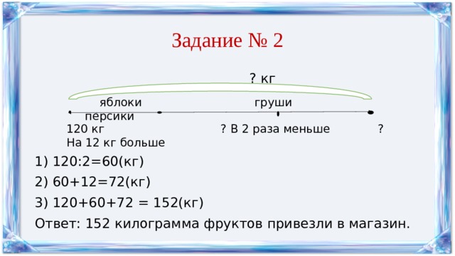 Задание № 2  ? кг 1) 120:2=60(кг) 2) 60+12=72(кг) 3) 120+60+72 = 152(кг) Ответ: 152 килограмма фруктов привезли в магазин.  яблоки груши персики 120 кг ? В 2 раза меньше ? На 12 кг больше 