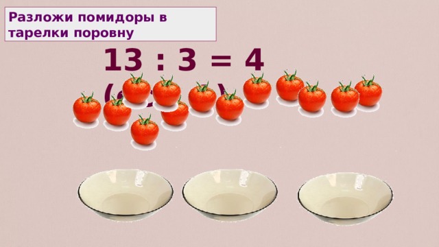 Разложи помидоры в тарелки поровну 13 : 3 = 4 (ост. 1) 