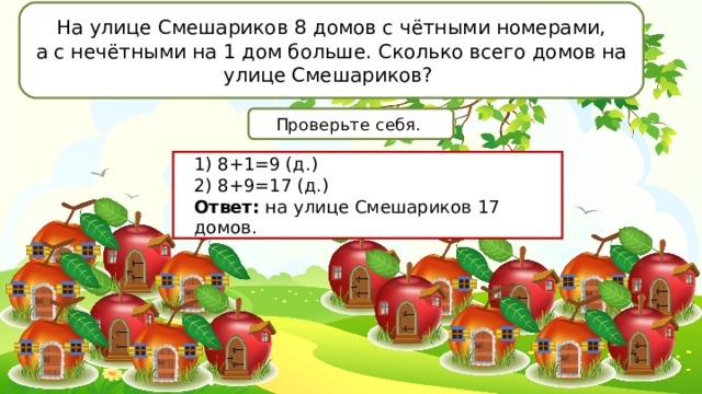 На улице Смешариков 8 домов с чётными номерами, а с нечётными на 1 дом больше. Сколько всего домов на улице Смешариков? Проверьте себя. 1) 8+1=9 (д.) 2) 8+9=17 (д.) Ответ: на улице Смешариков 17 домов. 