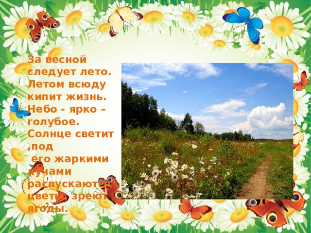 За весной следует лето. Летом всюду кипит жизнь. Небо - ярко – голубое. Солнце светит ,под  его жаркими лучами распускаются цветы, зреют ягоды. 