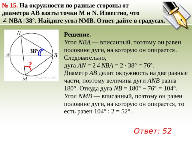 №  15. На окружности по разные стороны от диаметра AB взяты точки M и N. Известно, что  ∠ NBA=38°. Найдите угол NMB. Ответ дайте в градусах.   Решение. Угол  NBA  — вписанный, поэтому он равен половине дуги, на которую он опирается. Следовательно, дуга  AN  = 2∠ NBA  = 2 · 38° = 76°. Диаметр  AB  делит окружность на две равные части, поэтому величина дуги  ANB  равна 180°. Откуда дуга  NB  = 180° − 76° = 104°. Угол  NMB  — вписанный, поэтому он равен половине дуги, на которую он опирается, то есть равен 104° : 2 = 52°. 38° ? Ответ: 52 