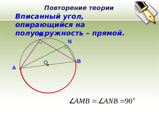 Повторение теории Вписанный угол, опирающийся на полуокружность – прямой. M N В О А ° 7 