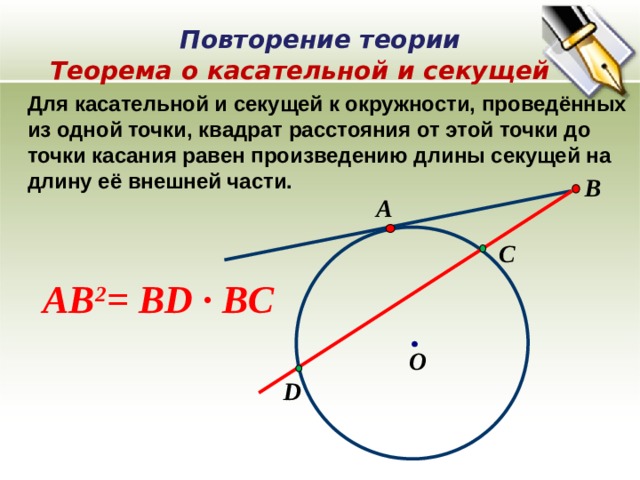 Повторение теории Теорема о касательной и секущей  Для касательной и секущей к окружности, проведённых из одной точки, квадрат расстояния от этой точки до точки касания равен произведению длины секущей на длину её внешней части. B А C AB 2 = BD ∙ ВC О D 