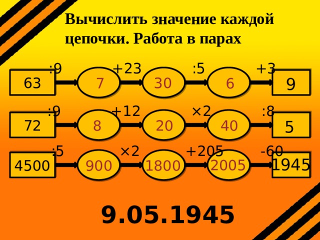 Вычислить значение каждой цепочки. Работа в парах :9 +23 :5 +3 63 30 9 6 7 :9 +12 ×2 :8 72 5 40 20 8 :5 ×2 +205 -60 4500 1945 2005 900 1800 9.05.1945 