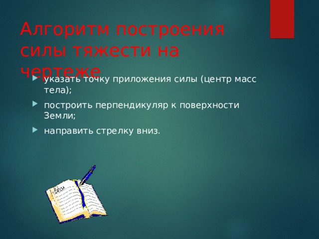 Алгоритм построения силы тяжести на чертеже указать точку приложения силы (центр масс тела); построить перпендикуляр к поверхности Земли; направить стрелку вниз. 