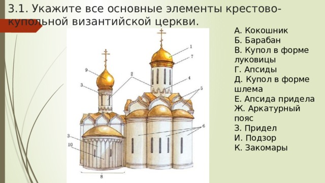 3.1. Укажите все основные элементы крестово-купольной византийской церкви. А. Кокошник Б. Барабан В. Купол в форме луковицы Г. Апсиды Д. Купол в форме шлема Е. Апсида придела Ж. Аркатурный пояс З. Придел И. Подзор К. Закомары 