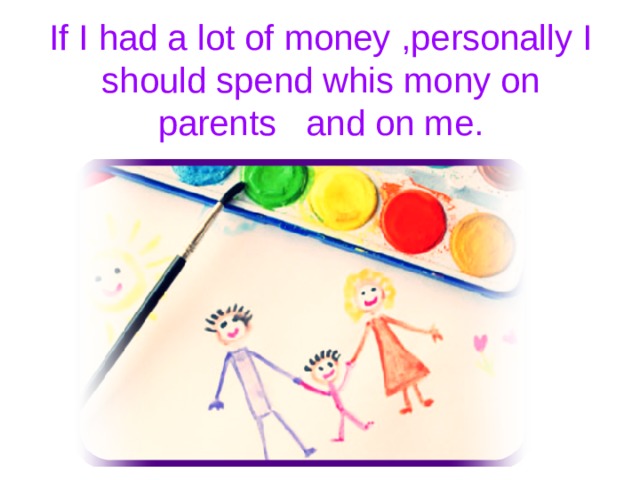 If I had a lot of money ,personally I should spend whis mony on parents and on me. 