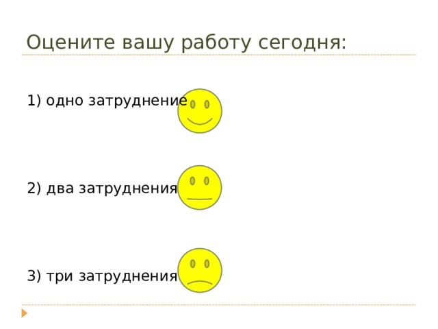 Оцените вашу работу сегодня: 1) одно затруднение 2) два затруднения 3) три затруднения