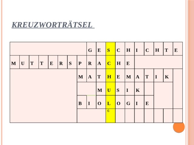 Kreuzworträtsel    M U  T  T  E  R  S   P    G R  M E   A    S  A T C B C      H H M I  H     O E I E U     S L  M   C 6  O A H     I  T  K G  T I I E   K E 