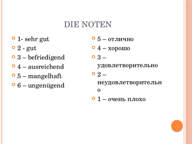 Die noten 1- sehr gut 2 - gut 3 – befriedigend 4 – ausreichend 5 – mangelhaft 6 – ungenügend 5 – отлично 4 – хорошо 3 – удовлетворительно 2 – неудовлетворительно 1 – очень плохо 