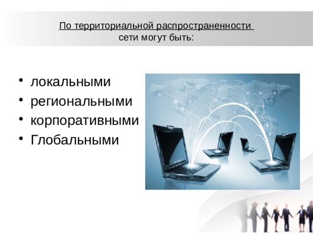 По территориальной распространенности  сети могут быть: локальными региональными корпоративными Глобальными 