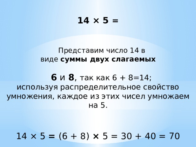  14 × 5 =  Представим число 14 в виде  суммы двух слагаемых  6  и  8 , так как 6 + 8=14;  используя распределительное свойство умножения, каждое из этих чисел умножаем на 5. 14 × 5 = (6 + 8) × 5 = 30 + 40 = 70 