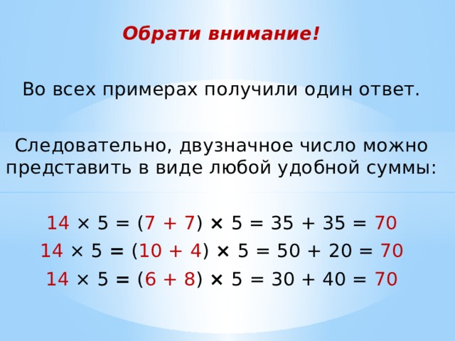 Обрати внимание!  Во всех примерах получили один ответ. Следовательно, двузначное число можно представить в виде любой удобной суммы: 14 × 5 = ( 7 + 7 ) × 5 = 35 + 35 = 70 14 × 5 = ( 10 + 4 ) × 5 = 50 + 20 = 70 14 × 5 = ( 6 + 8 ) × 5 = 30 + 40 = 70 
