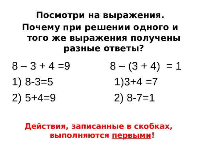 Посмотри на выражения. Почему при решении одного и того же выражения получены разные ответы? Действия, записанные в скобках, выполняются первыми ! 