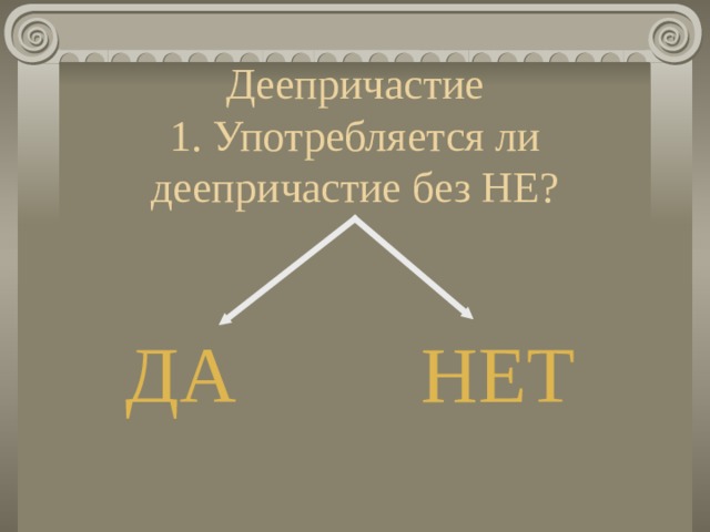 Деепричастие  1. Употребляется ли деепричастие без НЕ? ДА НЕТ