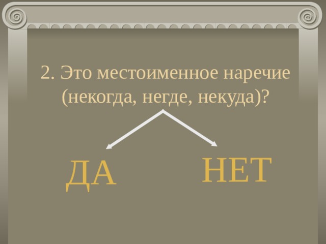 2. Это местоименное наречие (некогда, негде, некуда)? НЕТ ДА