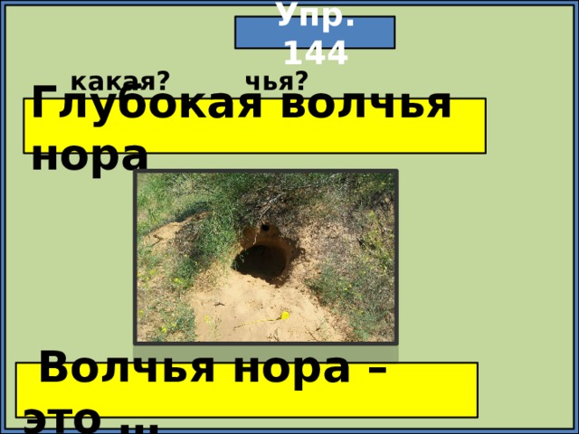 Упр. 144 какая? чья? Глубокая волчья нора  Волчья нора – это … 