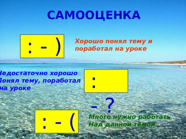 САМООЦЕНКА : - ) Хорошо понял тему и поработал на уроке : - ? Недостаточно хорошо Понял тему, поработал  на уроке : - ( Много нужно работать Над данной темой 