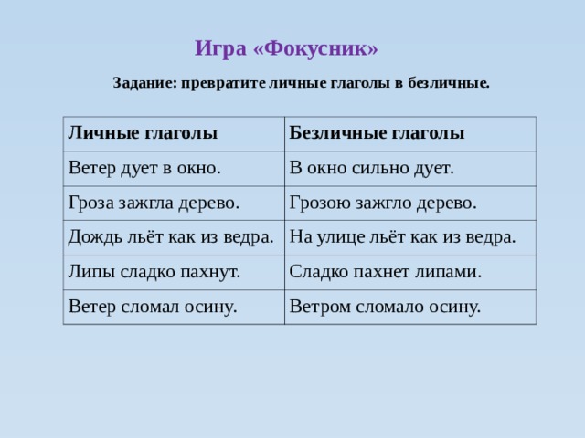 Какие слова подойдут к глаголу. Гроза зажгла дерево безличный глагол. Ветер глаголы. Гроза зажгла дерево.превратите личные глаголы в безличные. Гроза зажгла дерево превратить в безличный глагол.