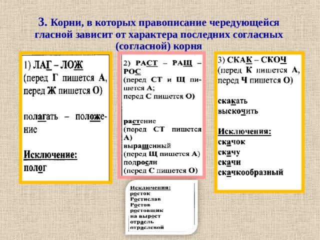 3.  Корни, в которых правописание чередующейся гласной зависит от характера последних согласных (согласной) корня  