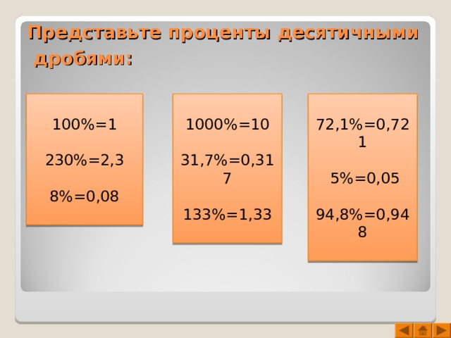 Представьте проценты десятичными дробями:  100%=1 230%=2,3 8%=0,08 1000%=10 31,7%=0,317 133%=1,33 72,1%=0,721  5%=0,05 94,8%=0,948 