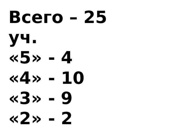 Всего – 25 уч. «5» - 4 «4» - 10 «3» - 9 «2» - 2 