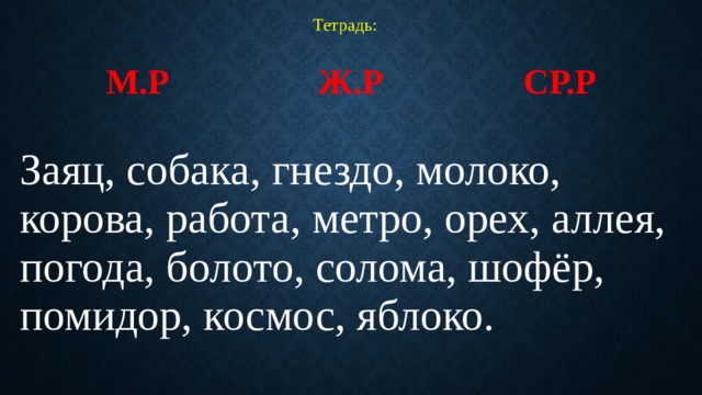 Тетрадь: М.р ж.р ср.р Заяц, собака, гнездо, молоко, корова, работа, метро, орех, аллея, погода, болото, солома, шофёр, помидор, космос, яблоко.  