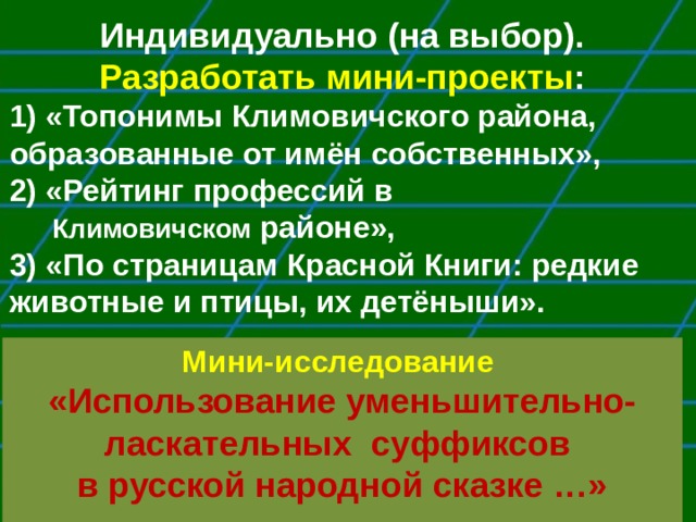 Индивидуально (на выбор). Разработать мини-проекты : 1) «Топонимы Климовичского района, образованные от имён собственных», 2) «Рейтинг профессий в  Климовичском районе», 3) «По страницам Красной Книги: редкие животные и птицы, их детёныши».  Мини-исследование  «Использование уменьшительно-ласкательных суффиксов в русской народной сказке …»  