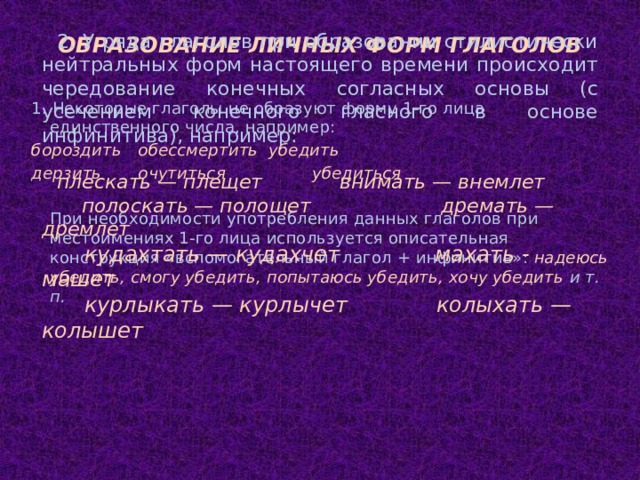 ОБРАЗОВАНИЕ ЛИЧНЫХ ФОРМ ГЛАГОЛОВ 2. У ряда глаголов при образовании стилистически нейтральных форм настоящего времени происходит чередование конечных согласных основы (с усечением конечного гласного в основе инфинитива), например: плескать — плещет внимать — внемлет полоскать — полощет дремать — дремлет кудахтать — кудахчет махать - машет курлыкать — курлычет колыхать — колышет 1. Некоторые глаголы не образуют форму 1-го лица единственного числа, например: бороздить обессмертить убедить дерзить очутиться убедиться При необходимости употребления данных глаголов при местоимениях 1-го лица используется описательная конструкция «вспомогательный глагол + инфинитив»: надеюсь убедить, смогу убедить, попытаюсь убедить, хочу убедить и т. п.