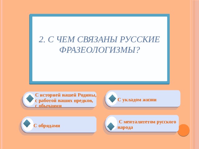 2. С чем связаны русские фразеологизмы?   С укладом жизни С историей нашей Родины, с работой наших предков, с обычаями     С менталитетом русского народа С обрядами 