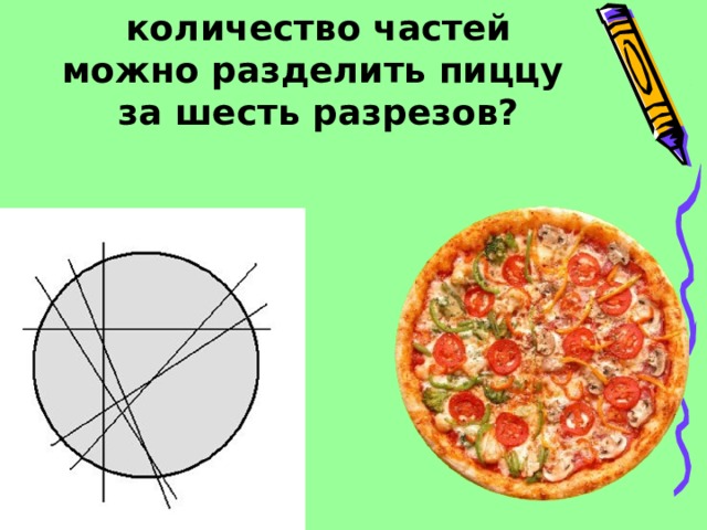 На какое максимальное количество частей можно разделить пиццу  за шесть разрезов? 