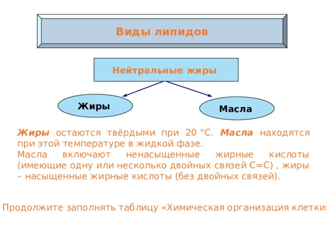 Виды липидов Нейтральные жиры Жиры  Масла  Жиры остаются твёрдыми при 20 °С. Масла находятся при этой температуре в жидкой фазе. Масла включают ненасыщенные жирные кислоты (имеющие одну или несколько двойных связей C=C) , жиры – насыщенные жирные кислоты (без двойных связей). Продолжите заполнять таблицу «Химическая организация клетки».  