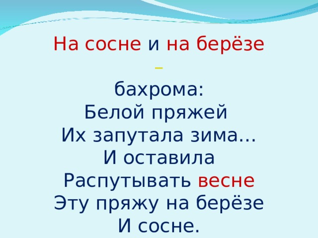 На сосне  и  на берёзе – бахрома: Белой пряжей Их запутала зима… И оставила Распутывать  весне Эту пряжу на берёзе И сосне. 