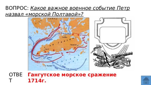 ВОПРОС: Какое важное военное событие Петр назвал «морской Полтавой»? МЕСТО ДЛЯ ВСТАВКИ ИЗОБРАЖЕНИЯ ОТВЕТ Гангутское морское сражение 1714г.  